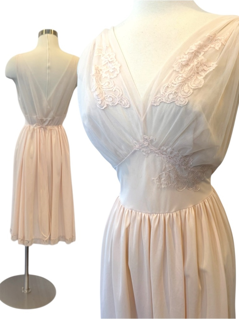 50s 60s Vanity Fair Silky Nylon Pale Pink Chiffon Vintage Party Slip Dress 36